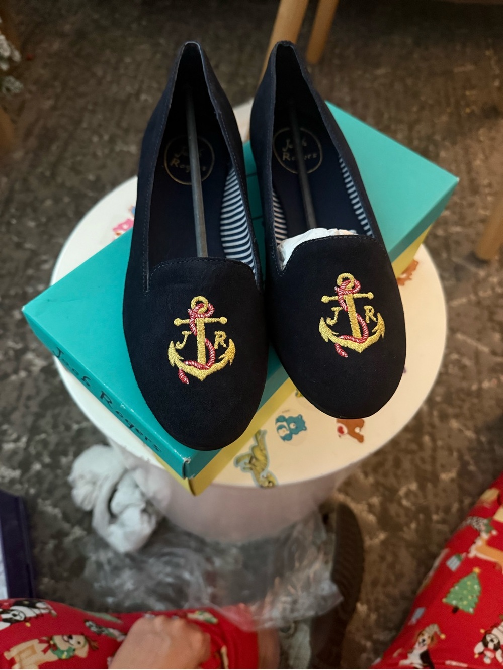 Jack Rogers Navy Suede Flats with Yellow & Pink Anchor Embroidery